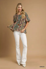 Umgee Boho Floral Stripe Puff Sleeve Blouse - Trendsi - Flyclothing LLC