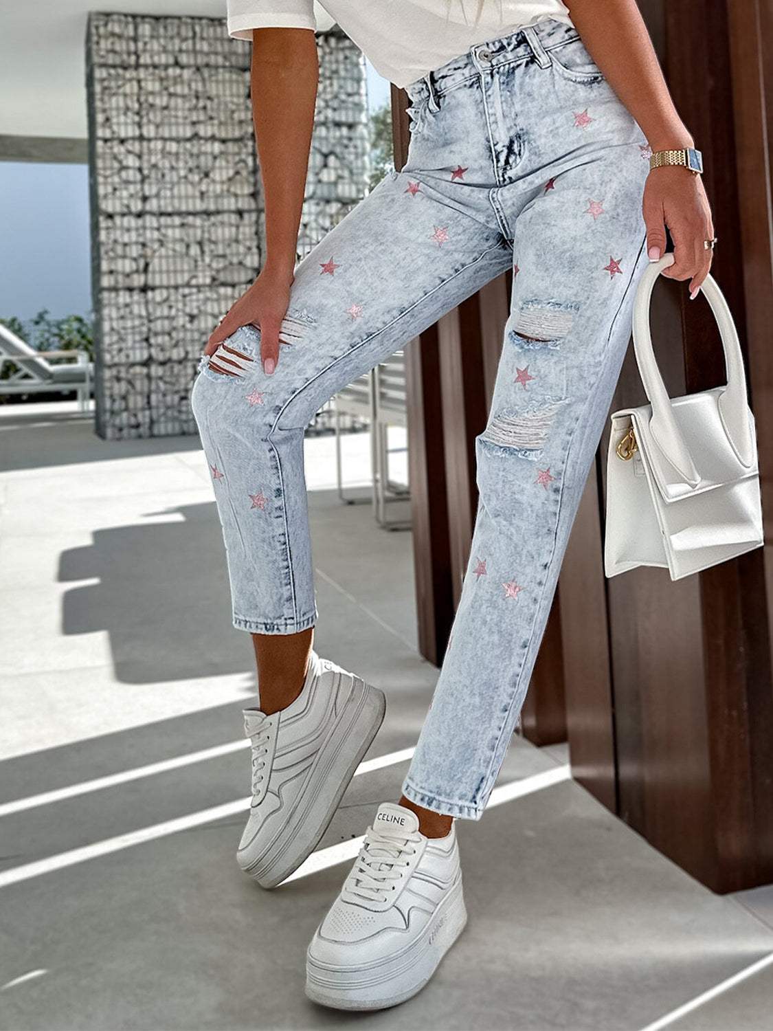 Distressed Star Straight Jeans with Pockets - Trendsi - Flyclothing LLC