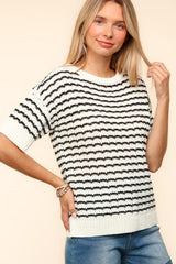 Haptics Openwork Striped Round Neck Half Sleeve Knit Top - Trendsi