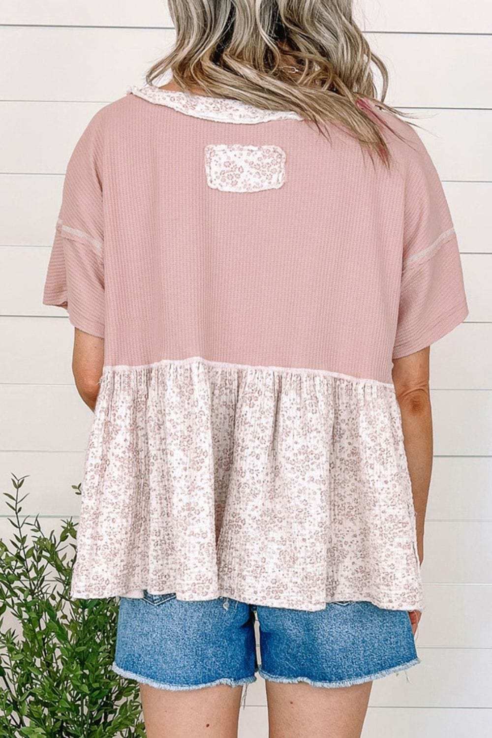 Waffle Floral Patchwork Exposed Seam Detail Short Sleeve Top - Trendsi - Flyclothing LLC