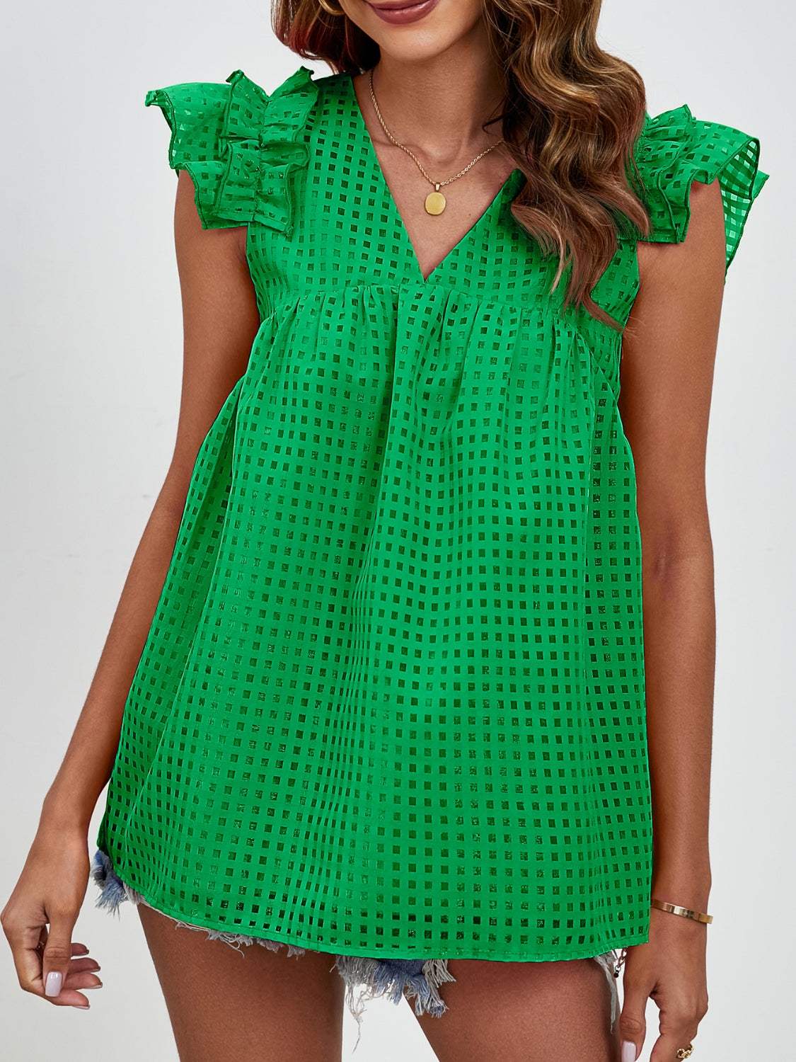 Ruched V-Neck Cap Sleeve Blouse - Trendsi - Flyclothing LLC