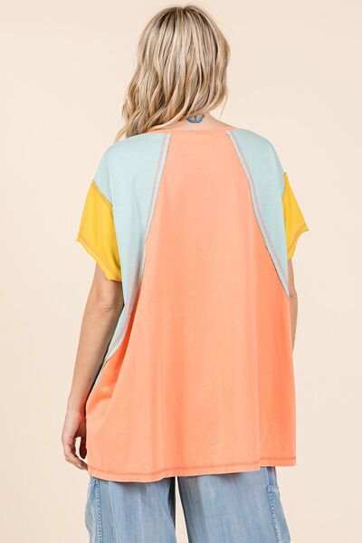 Mittoshop Color Block V-Neck Short Sleeve T-Shirt - Trendsi - Flyclothing LLC