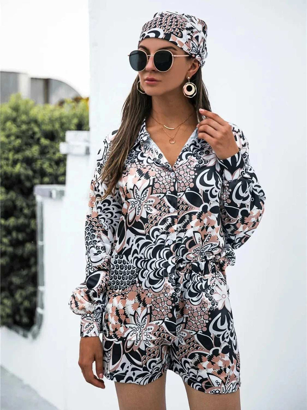 Printed Button Up Long Sleeve Shirt and Shorts Set - Trendsi - Flyclothing LLC