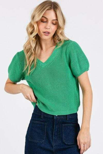 Mittoshop V-Neck Short Sleeve Crop Sweater - Trendsi - Flyclothing LLC