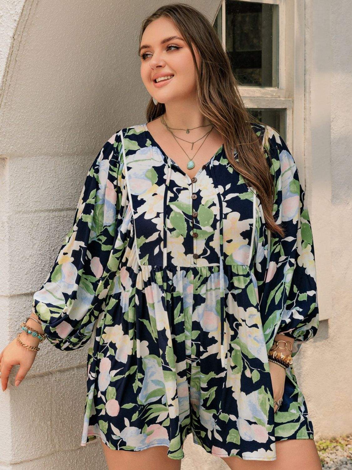 Plus Size Tied Printed Long Sleeve Romper - Trendsi - Flyclothing LLC