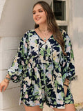 Plus Size Tied Printed Long Sleeve Romper - Trendsi - Flyclothing LLC