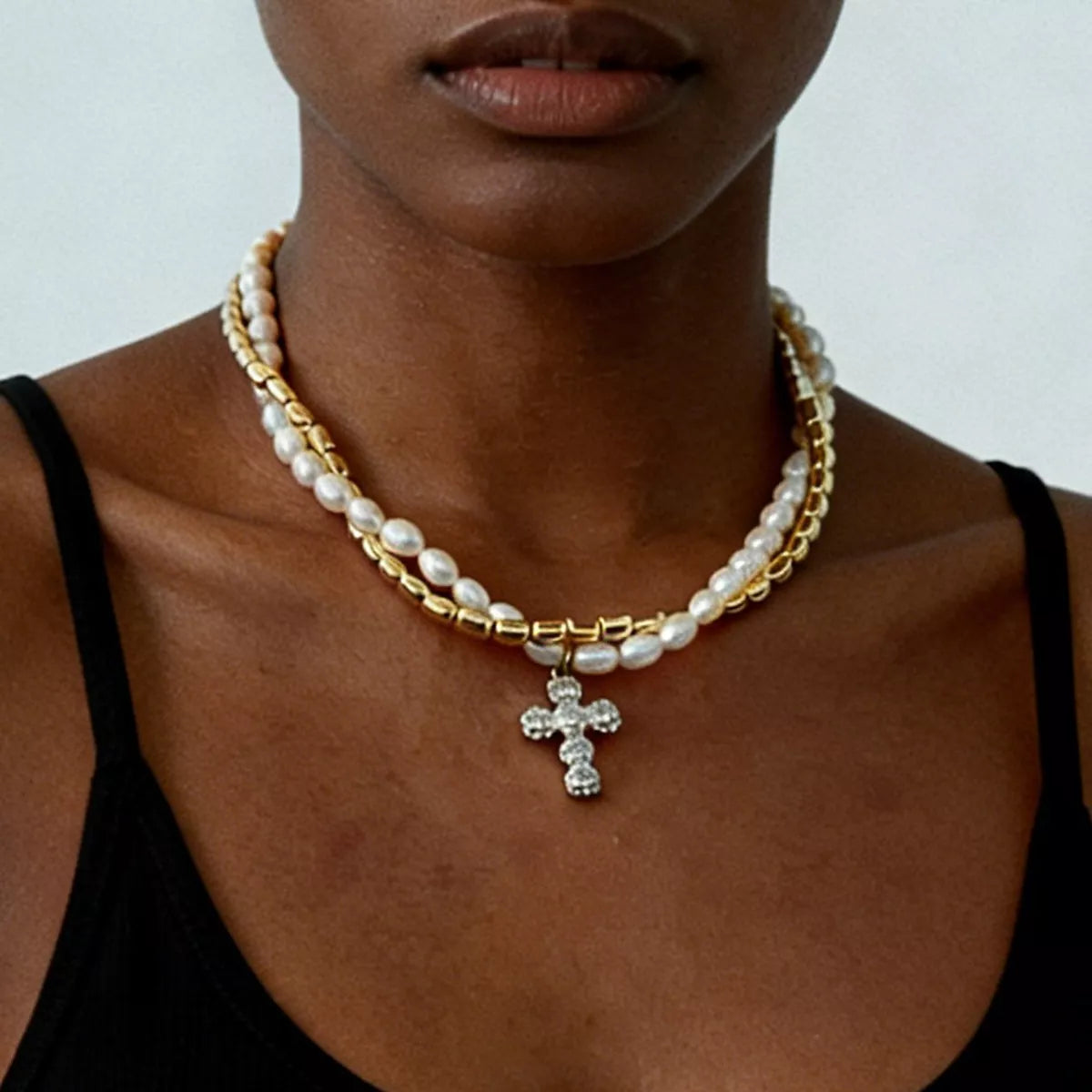 Elegant Pearl Alloy Necklace with Rhinestone Cross Pendant - Trendsi - Flyclothing LLC