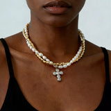 Elegant Pearl Alloy Necklace with Rhinestone Cross Pendant - Trendsi - Flyclothing LLC