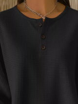 Full Size Casual Waffle Knit Button Detail Pullover Plus Size - Trendsi - Flyclothing LLC