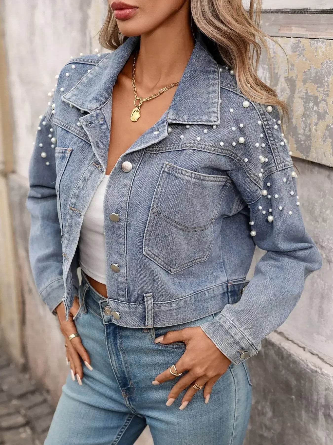 Pearl Embellished Cropped Denim Jacket - Trendsi - Flyclothing LLC