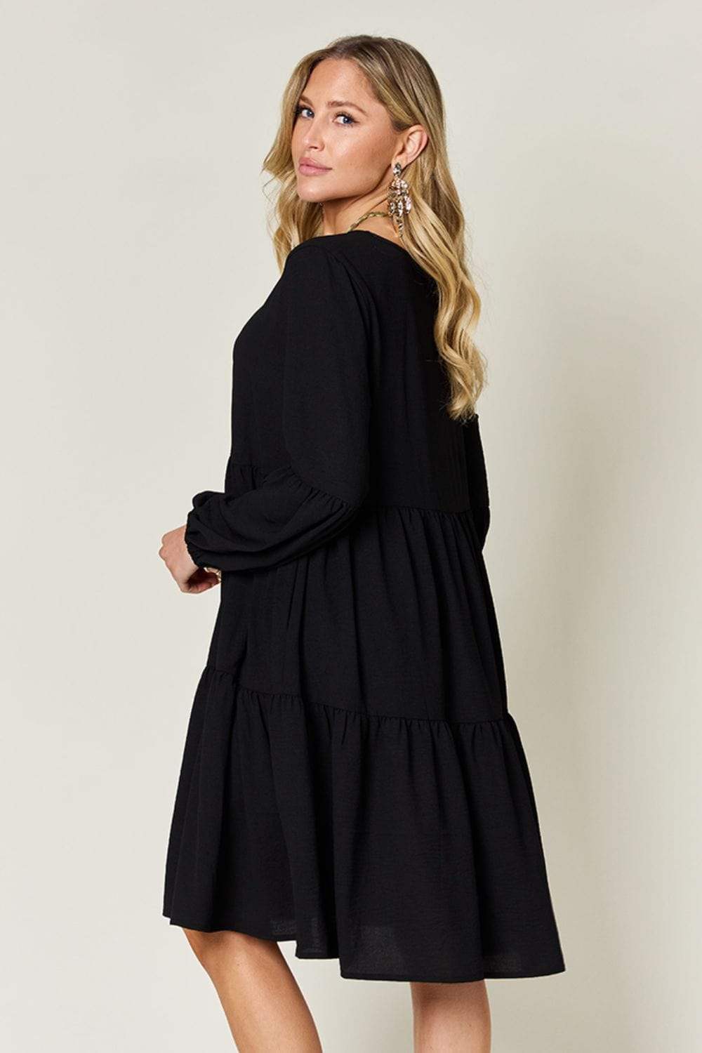 Double Take Full Size V-Neck Balloon Sleeve Tiered Dress - Trendsi - Flyclothing LLC