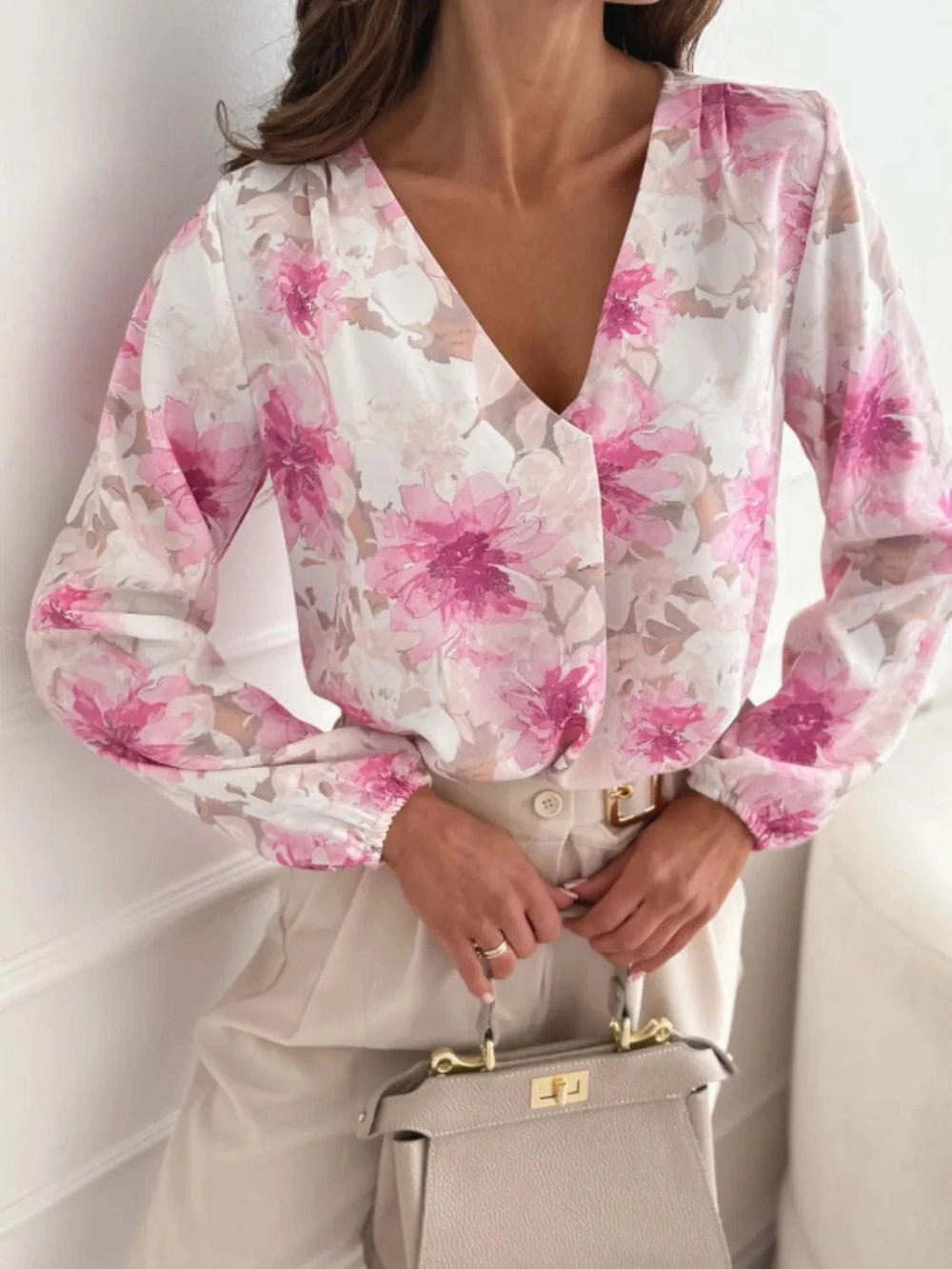 Floral V-Neck Long Sleeve Blouse - Trendsi
