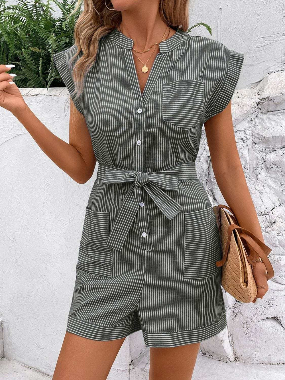 Striped Notched Tie Waist Romper - Trendsi - Flyclothing LLC