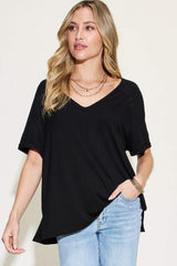 Basic Bae Full Size Bamboo Slit V-Neck Short Sleeve T-Shirt - Trendsi - Flyclothing LLC