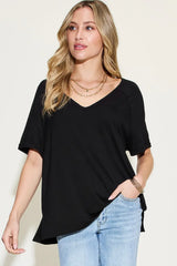 Basic Bae Full Size Bamboo Slit V-Neck Short Sleeve T-Shirt - ShopBasicbae - Flyclothing LLC