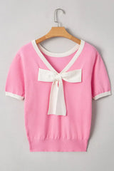 Bow Back Round Neck Short Sleeve Knit Top - Trendsi - Flyclothing LLC