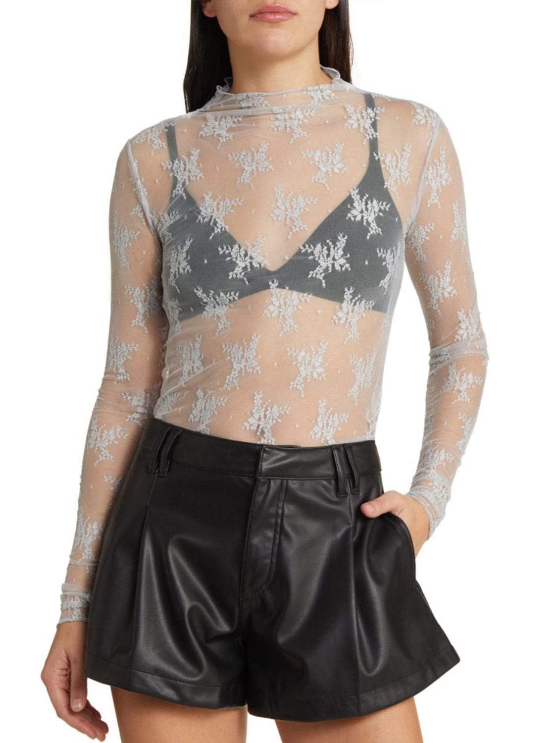 Lace Mock Neck Long Sleeve Blouse - Trendsi - Flyclothing LLC