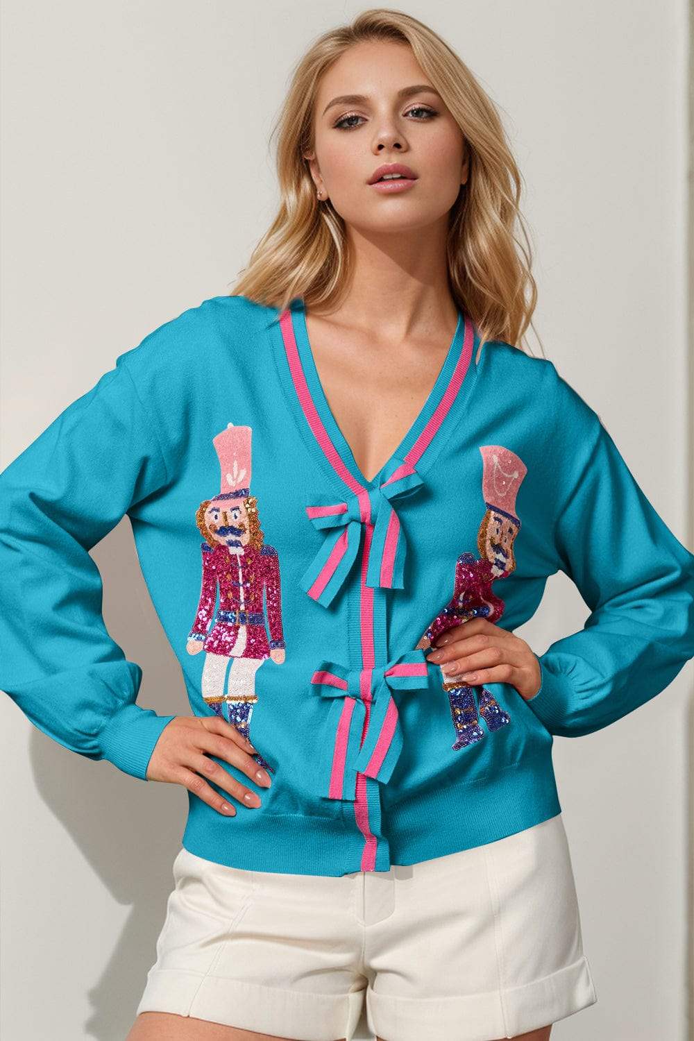 Double Take Full Size Nutcracker Sequin Bow Decor Cardigan - Trendsi - Flyclothing LLC