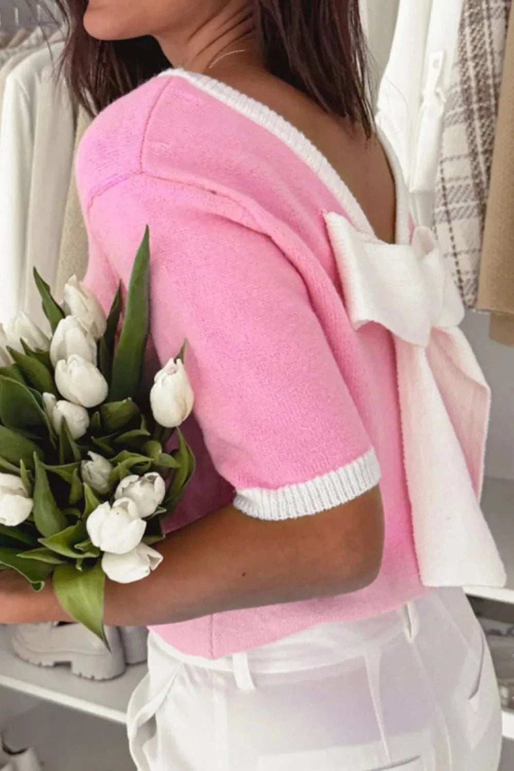 Bow Back Round Neck Short Sleeve Knit Top - Trendsi - Flyclothing LLC