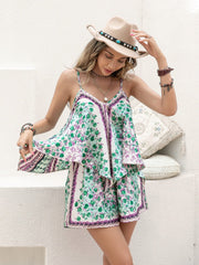 Printed V-Neck Top and Shorts Set - Trendsi