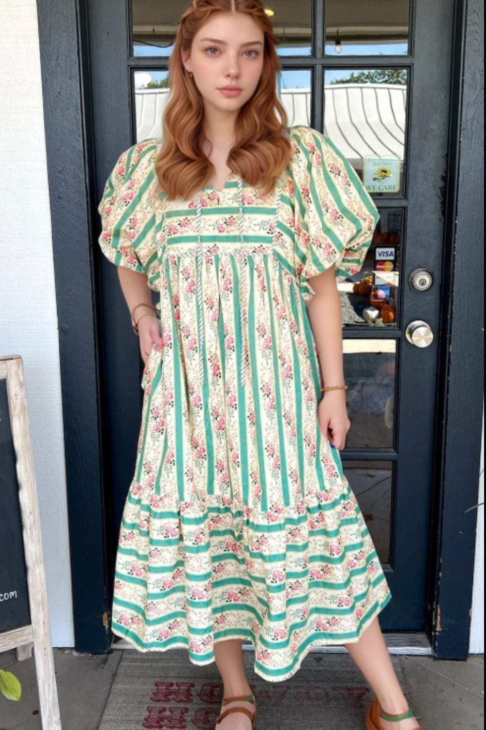 Striped Floral Print Tie Neck Puff Sleeve Midi Dress - Trendsi - Flyclothing LLC