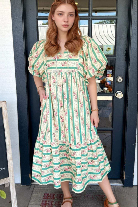 Striped Floral Print Tie Neck Puff Sleeve Midi Dress - Trendsi - Flyclothing LLC