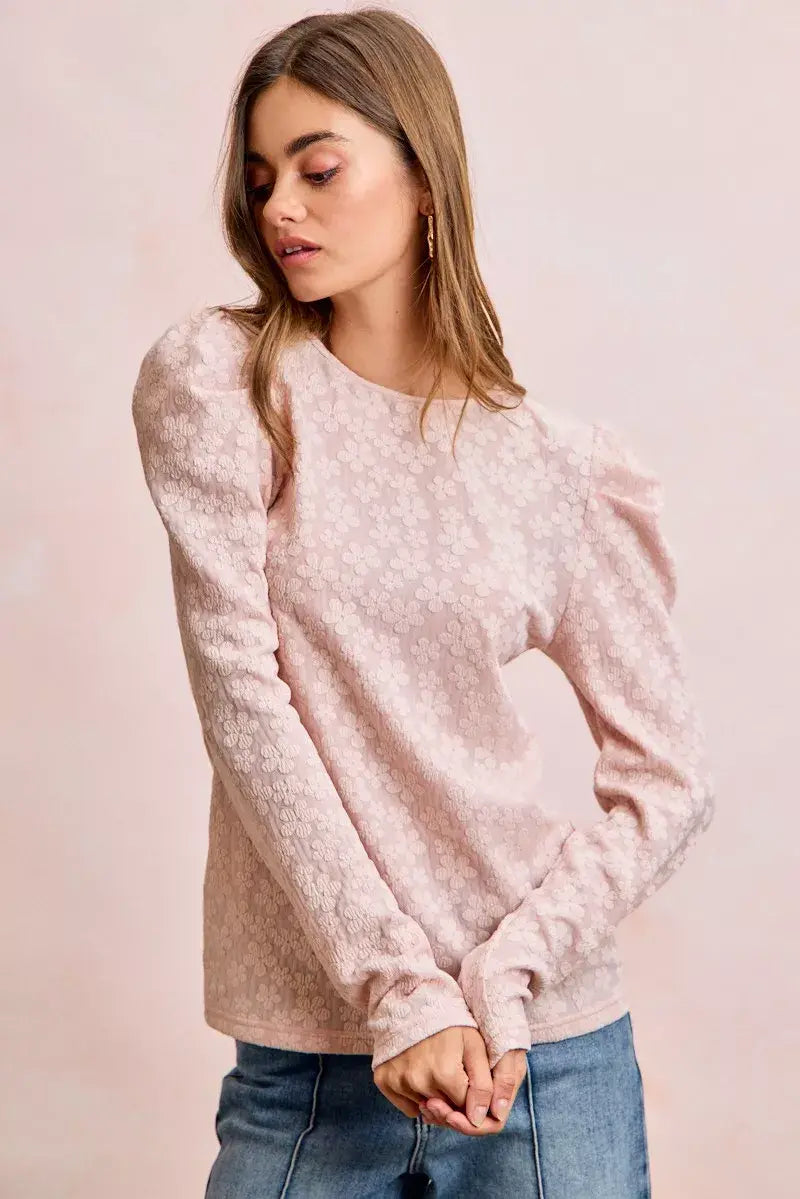 BiBi Textured Flower Knit Puff Shoulder Top - Trendsi - Flyclothing LLC