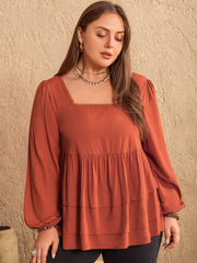 Plus Size Lace Detail Square Neck Long Sleeve Blouse - Trendsi