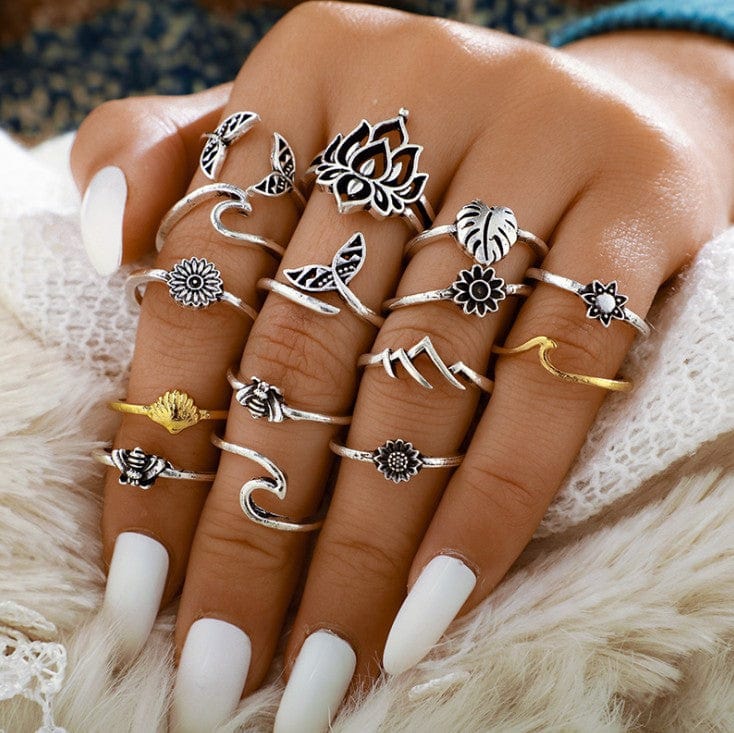 Alloy Multi Shapes 15-Piece Ring Set - Trendsi