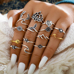 Alloy Multi Shapes 15-Piece Ring Set - Trendsi