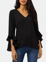 V-Neck Flounce Sleeve Blouse - Trendsi - Flyclothing LLC