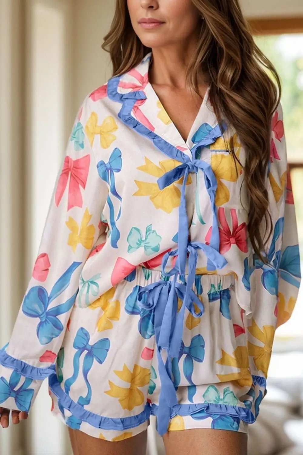 Bow Print Collared Neck Top and Shorts Lounge Set - Trendsi - Flyclothing LLC