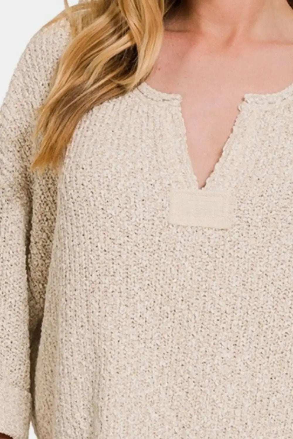 Zenana Notched Side Slit Patch Sweater - Trendsi - Flyclothing LLC