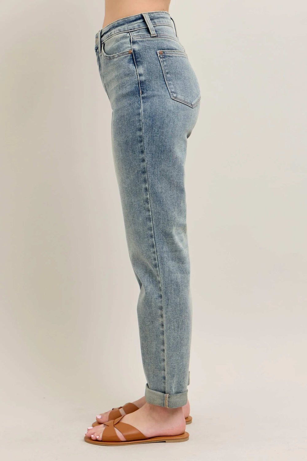 Judy Blue Full Size Hw Vintage Wash Double Roll Cuff Bf Jeans Plus Size - Trendsi - Flyclothing LLC