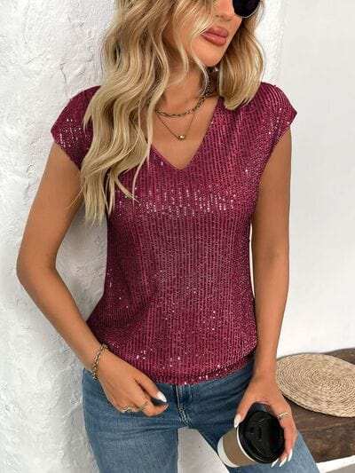 Sequin V-Neck Cap Sleeve Top - Trendsi - Flyclothing LLC