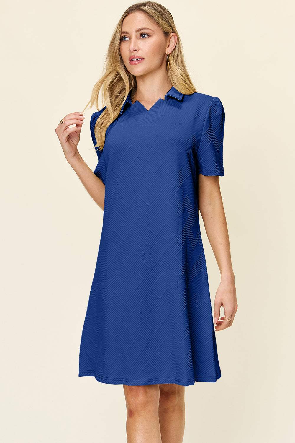 Double Take Full Size Texture Collared Neck Short Sleeve Dress - Trendsi - Flyclothing LLC