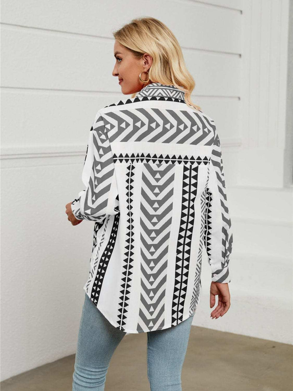 Geometric Collared Neck Long Sleeve Shirt - Trendsi - Flyclothing LLC