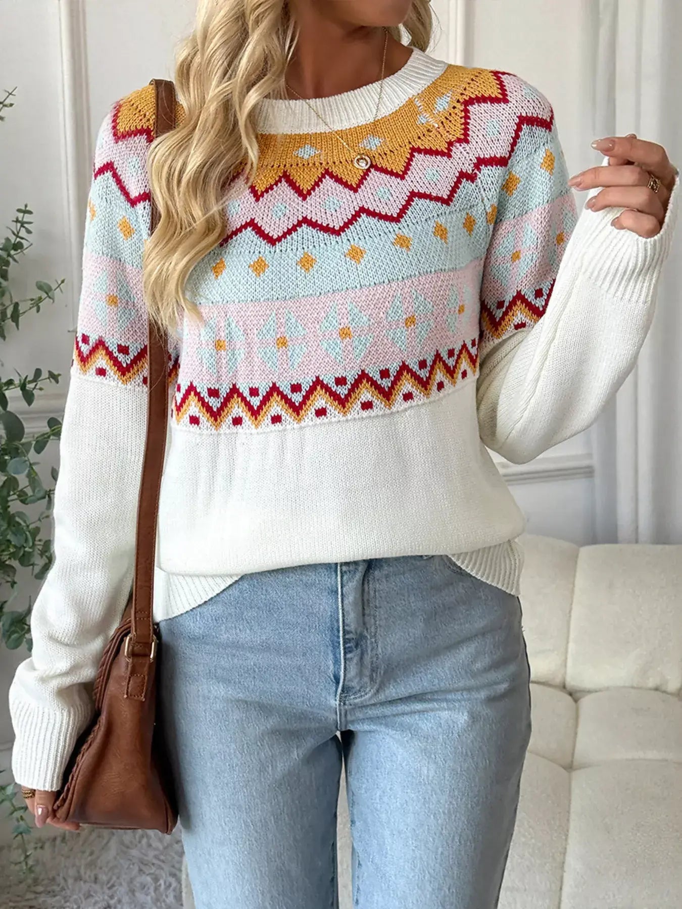 Contrast Round Neck Long Sleeve Sweater - Trendsi - Flyclothing LLC
