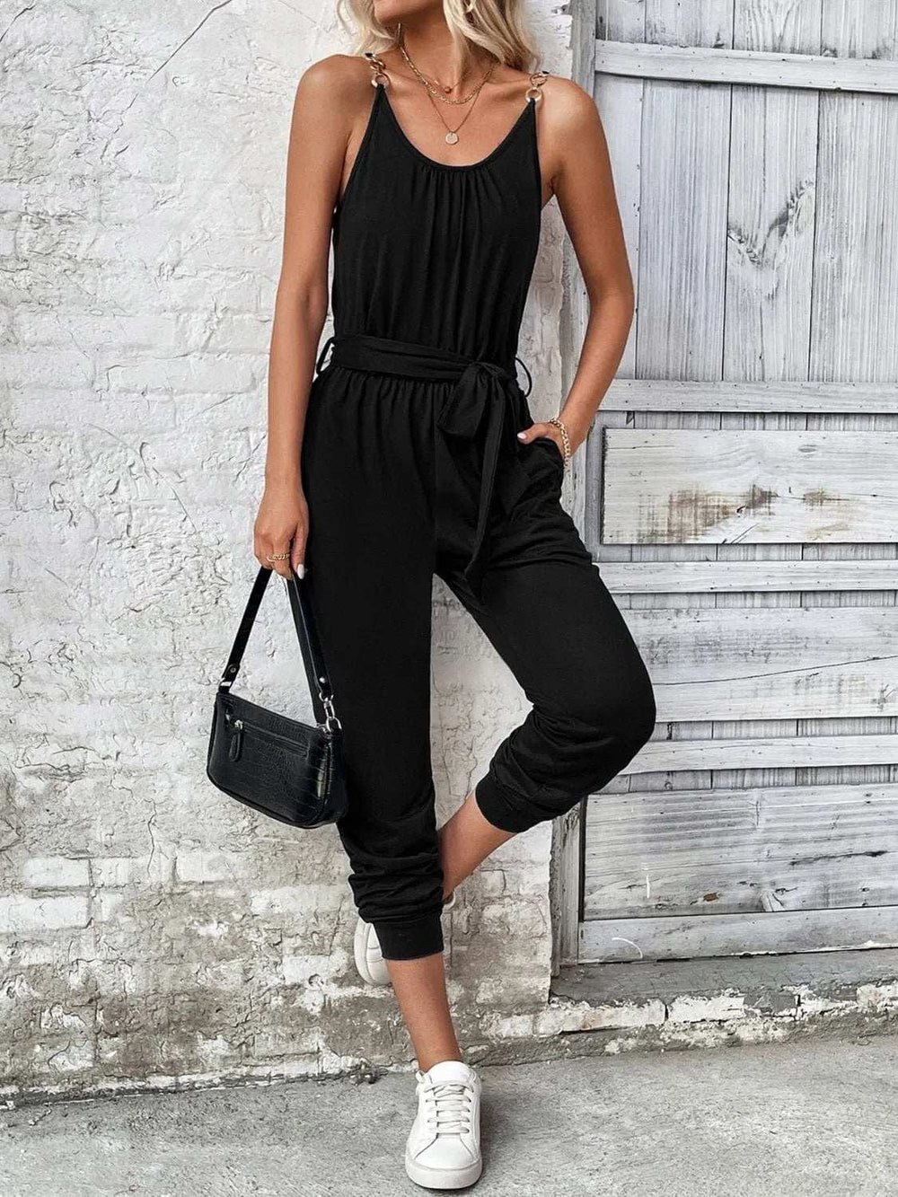 Scoop Neck Tie Waist Jumpsuit - Trendsi - Flyclothing LLC
