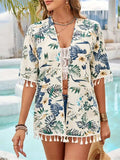 Tassel Printed Open Front Half Sleeve Cover-Up - Trendsi - Flyclothing LLC