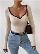 Contrast Trim Long Sleeve Knit Top - Trendsi - Flyclothing LLC