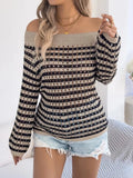 Openwork Striped Off-Shoulder Knit Top - Trendsi