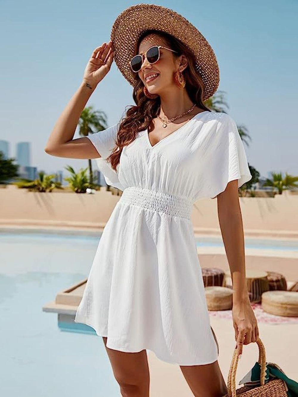 Smocked V-Neck Short Sleeve Dress - Trendsi