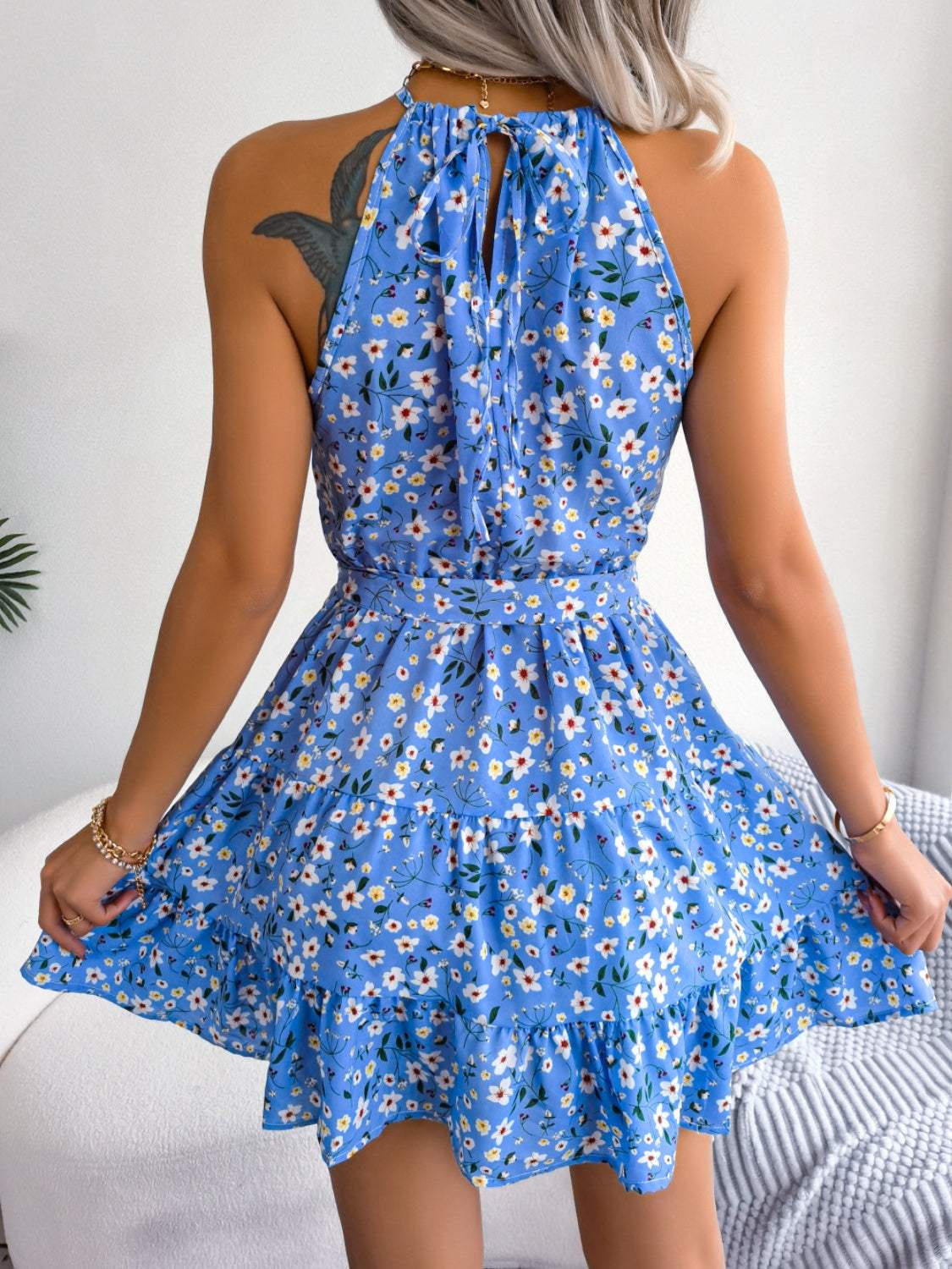 Tied Printed Grecian Neck Mini Dress - Trendsi - Flyclothing LLC