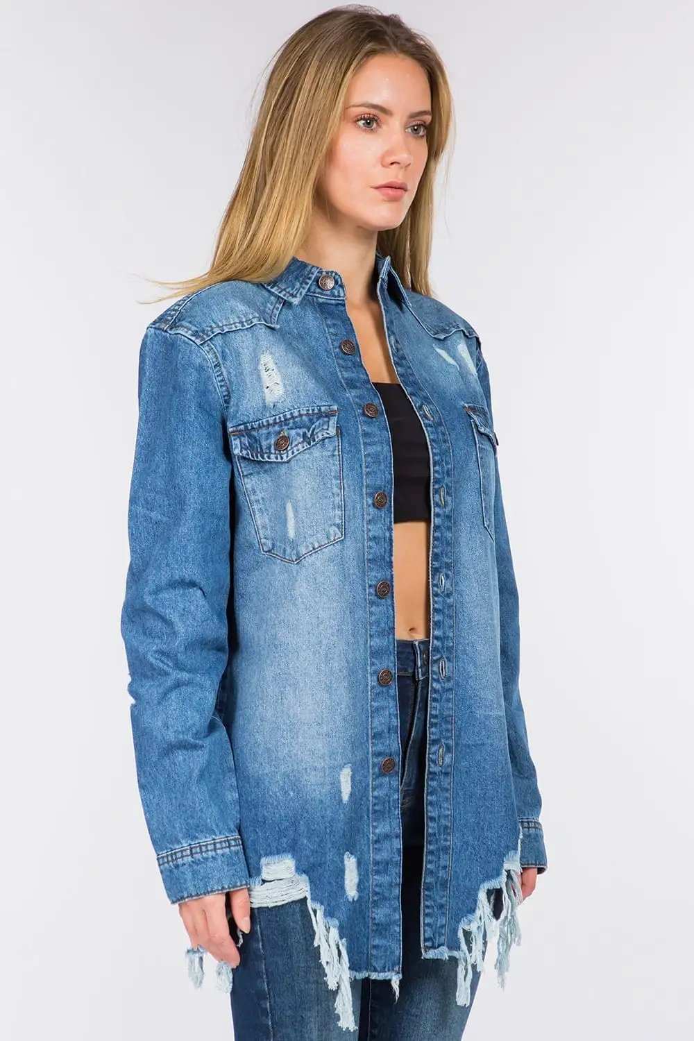 American Bazi Distressed Frayed Hem Denim Jacket - Trendsi - Flyclothing LLC
