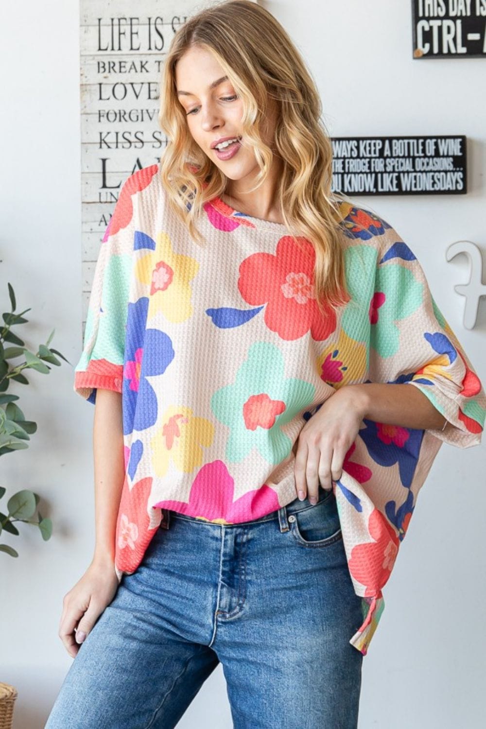 HOPELY Floral Waffle Oversize T-Shirt - Trendsi