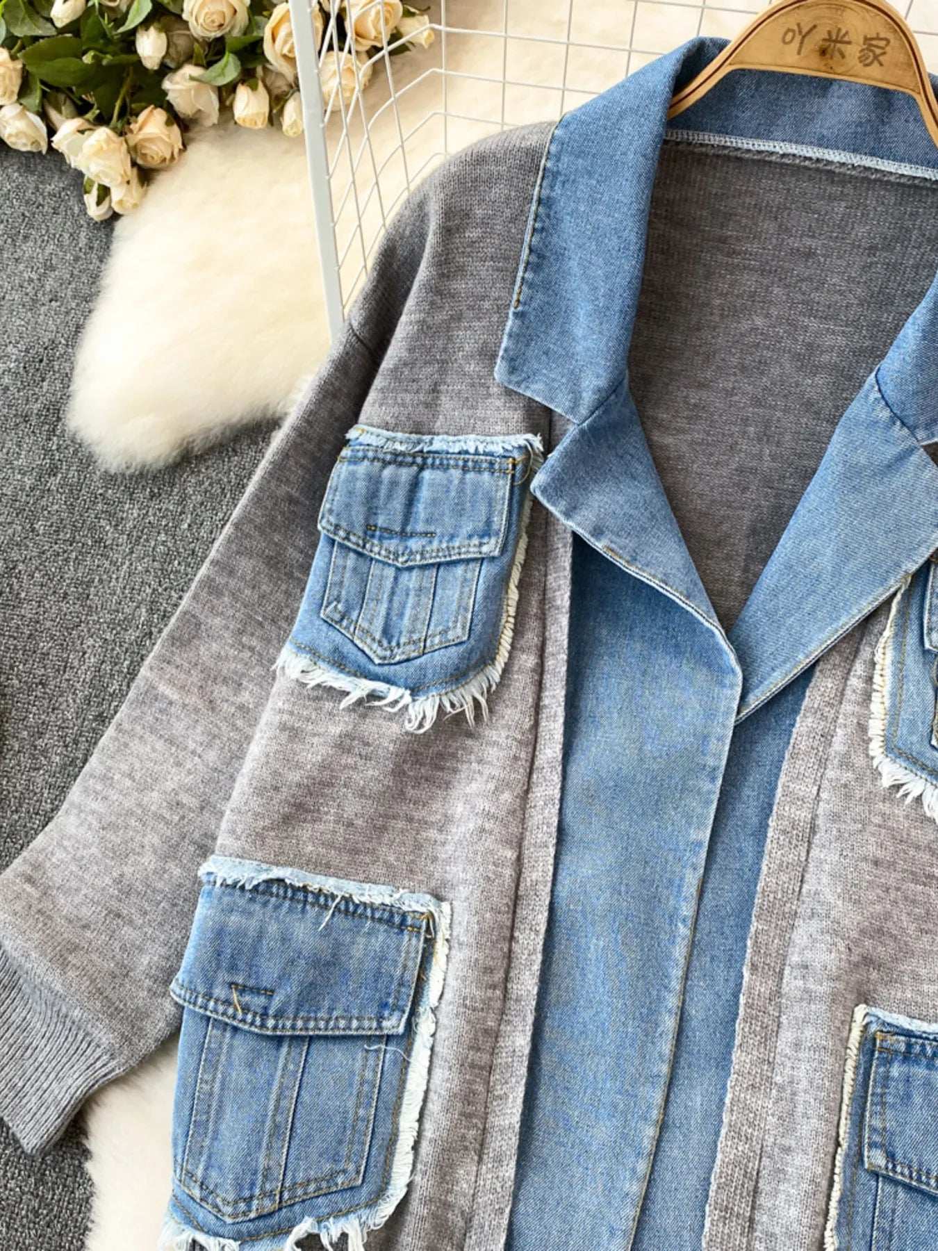 Raw Hem Denim Pocket Patchwork Cardigan - Trendsi - Flyclothing LLC