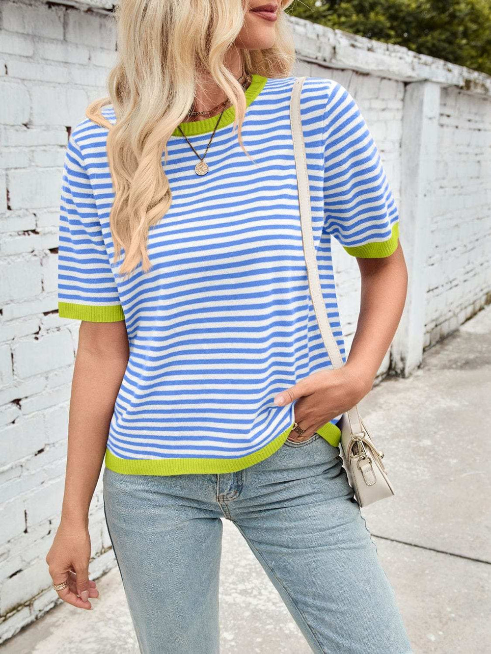 Lovelet Striped Contrast Round Neck Half Sleeve Knit Top - Trendsi - Flyclothing LLC