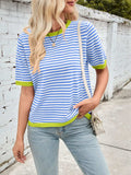 Lovelet Striped Contrast Round Neck Half Sleeve Knit Top - Trendsi - Flyclothing LLC