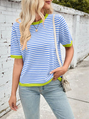 Lovelet Striped Contrast Round Neck Half Sleeve Knit Top - Trendsi